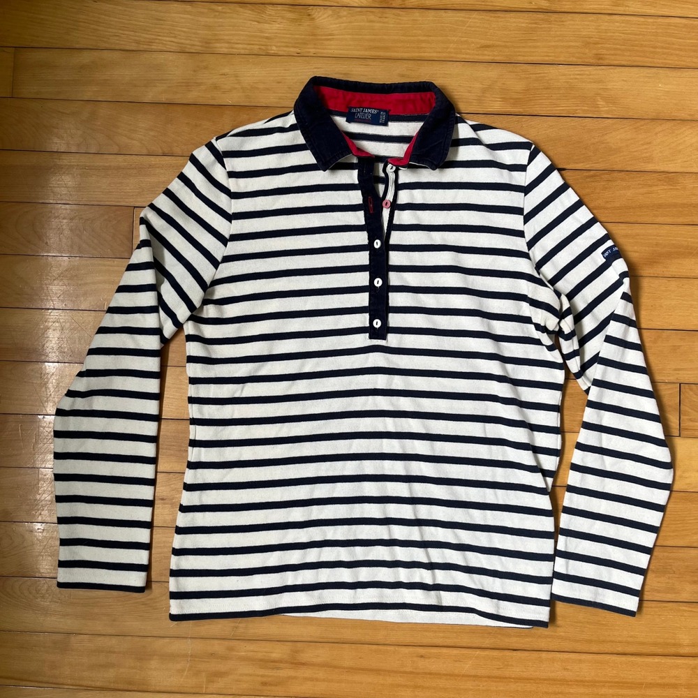 Saint James Atelier Striped Long Sleeve Polo Shirt Navy White Red Made In France